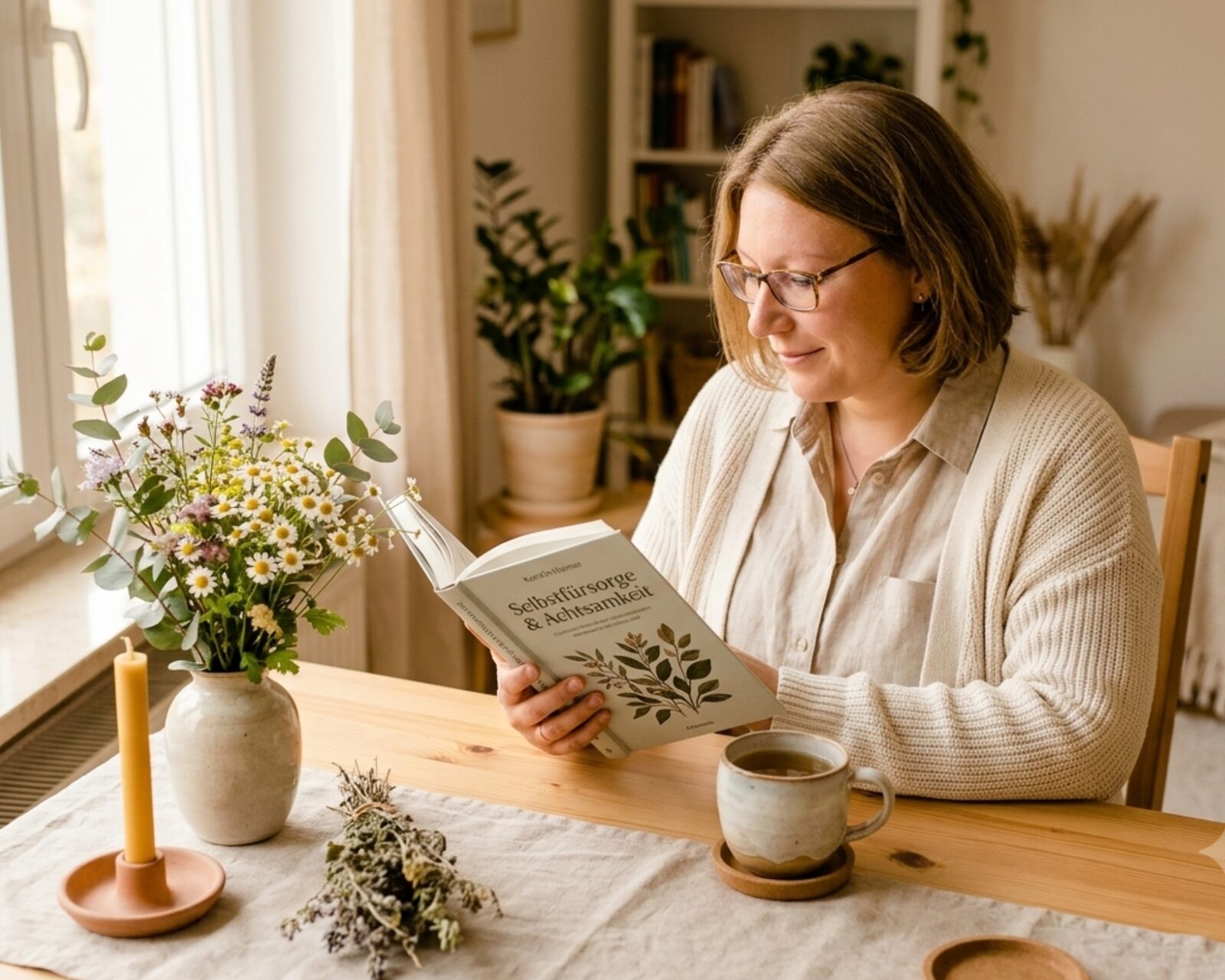 Kerstin Hiemer liest lächelnd in ihrem Buch „Selbstfürsorge & Achtsamkeit“ bei einer Tasse Tee