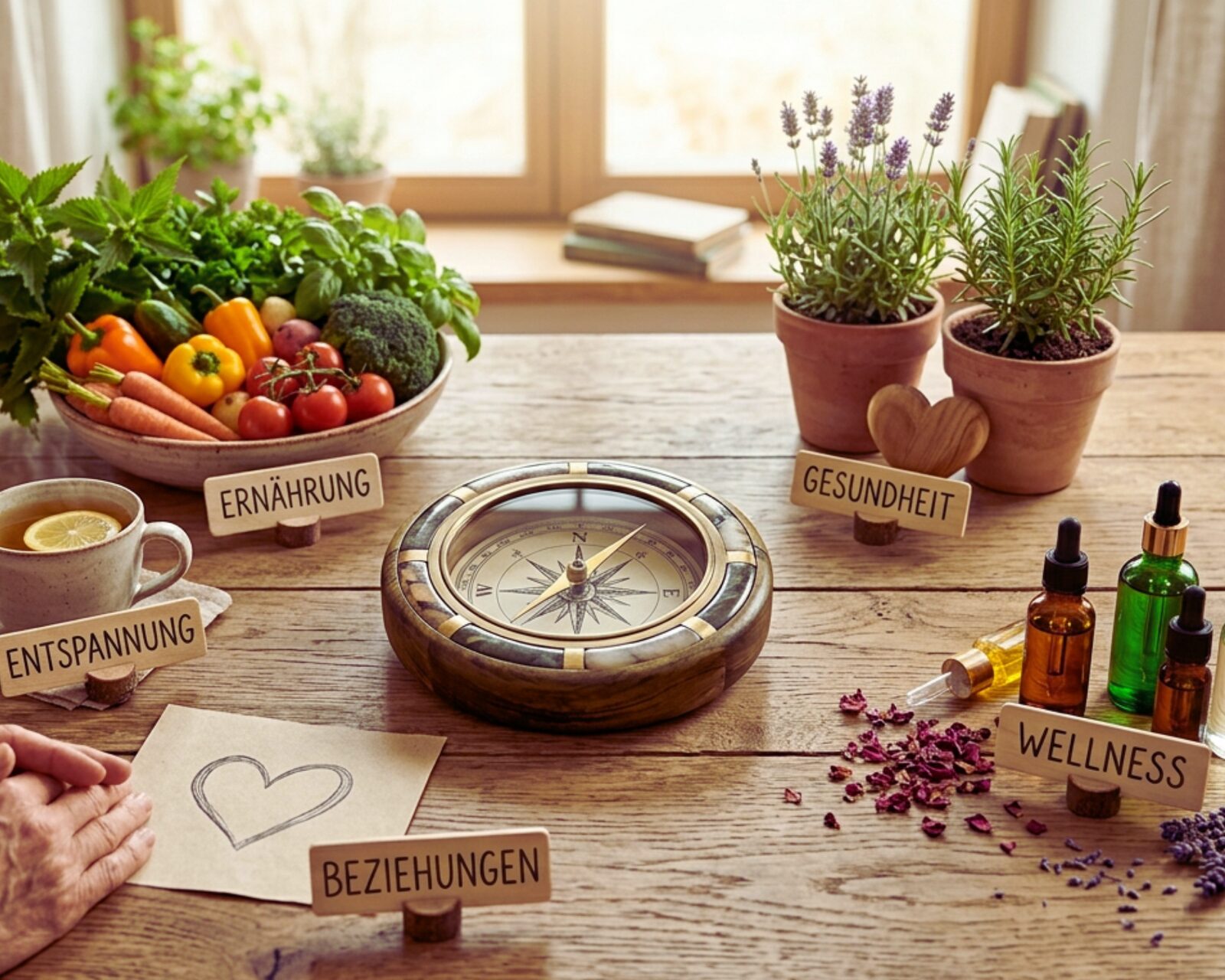 Kompass umgeben von Symbolen für Ernährung, Entspannung, Gesundheit, Wellness und Beziehungen – das 5-Säulen-Konzept