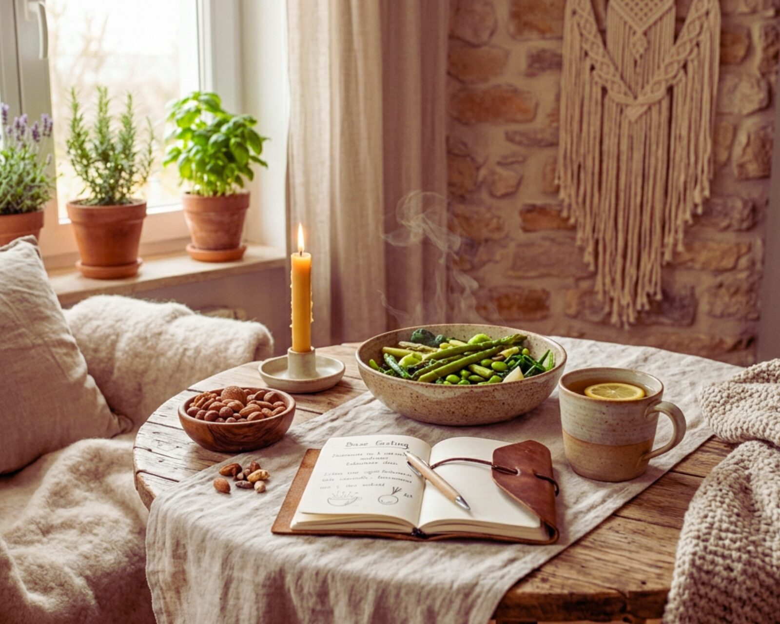 Gemütlicher Moment mit basischer Mahlzeit, Tee und Reflexionstagebuch als Selbstfürsorge-Ritual