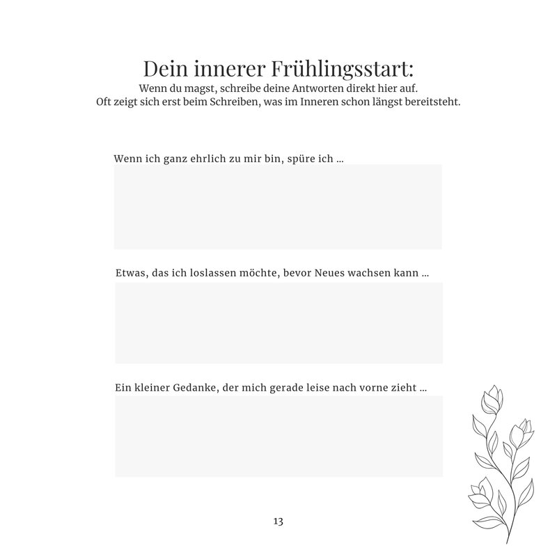 Reflexionsseite „Dein innerer Frühlingsstart“ mit Schreibfeldern, aus dem Buch Jahreszeitliche Selbstfürsorge