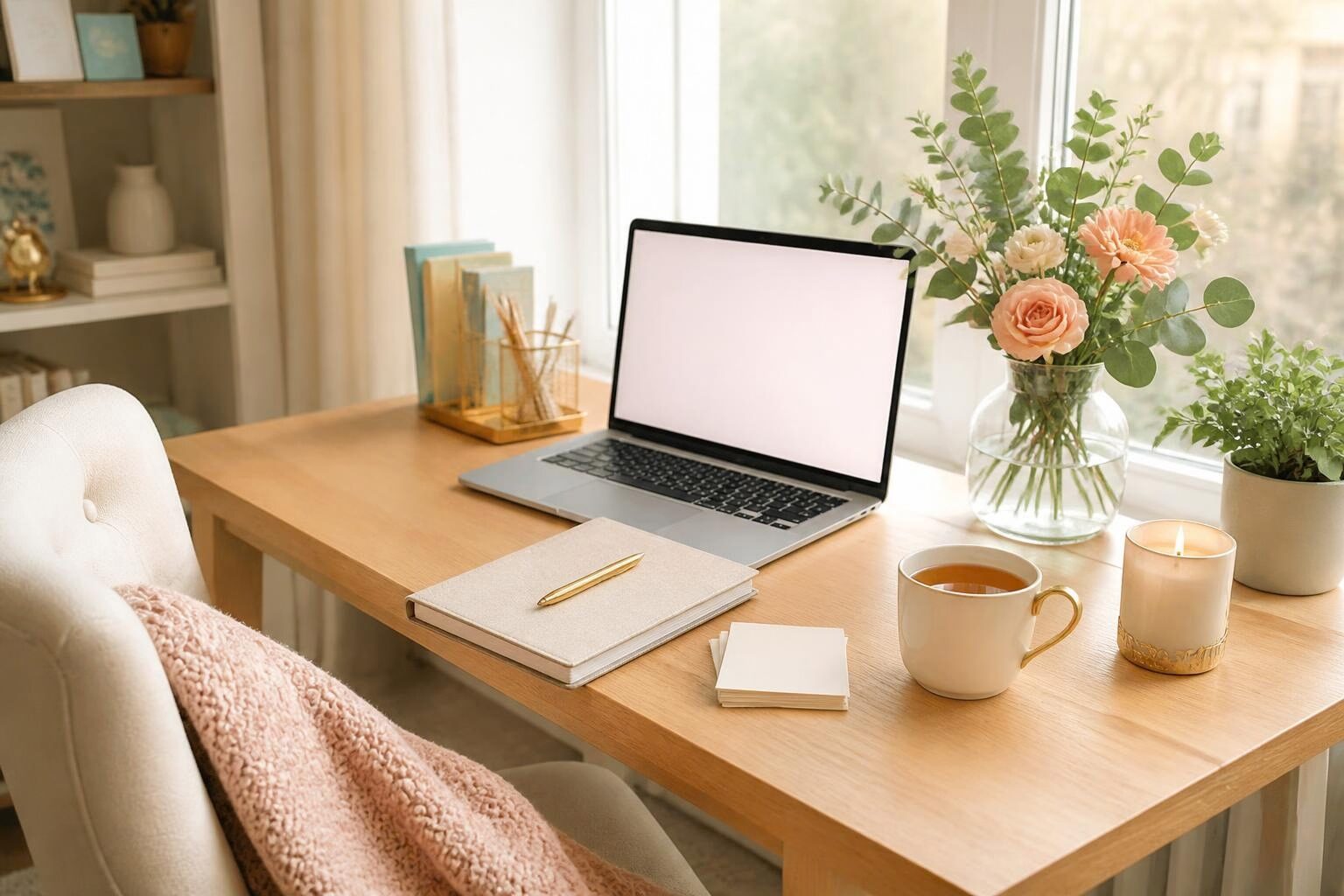 Heller, gemütlicher Arbeitsplatz am Fenster mit Laptop, Notizbuch, Tee, Kerze und einem Strauß Rosen