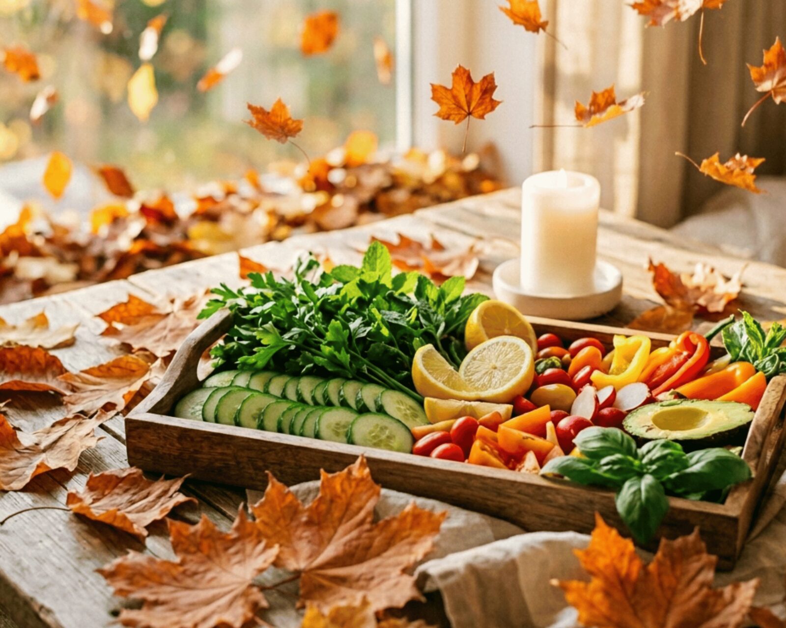Herbstliches Gemüse, Kräuter und buntes Laub auf einem Holztisch – Basenfasten im Herbst