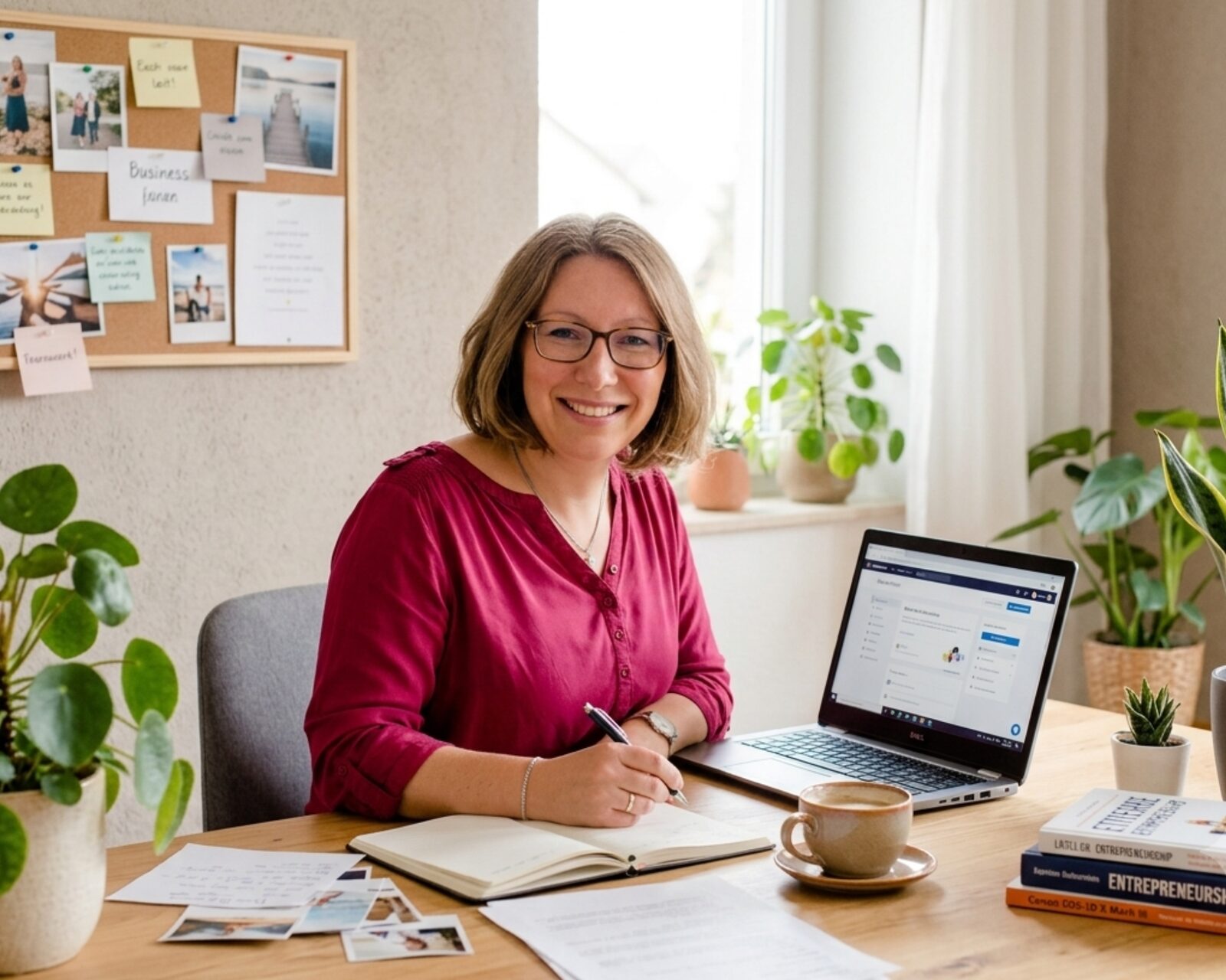 Kerstin Hiemer lächelt am Schreibtisch mit Laptop und Vision-Board an der Wand