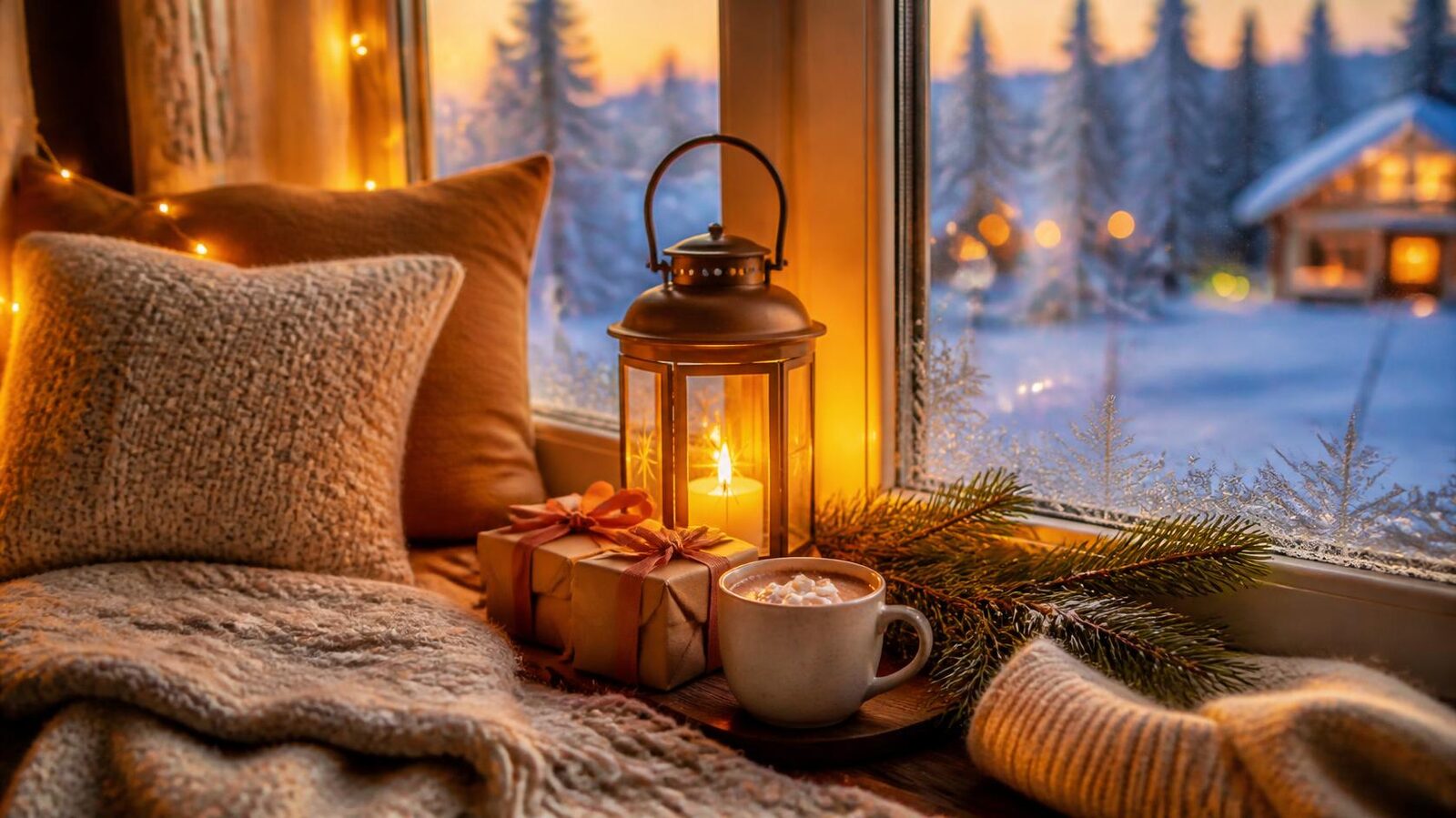 Gemütliche Fensterbank mit Kissen, Laterne mit Kerze, kleinen Geschenken und einer Tasse Kakao vor einer verschneiten Winterlandschaft
