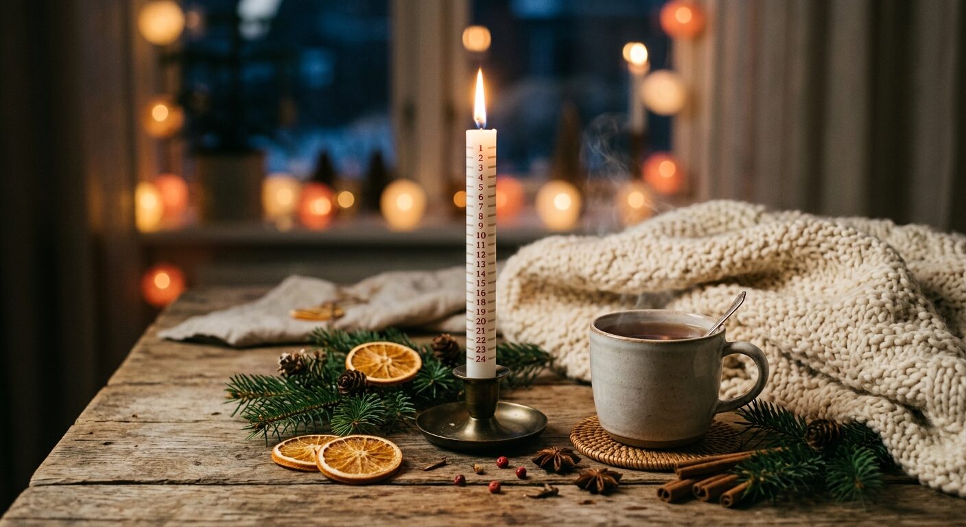 Brennende dänische Kalenderkerze mit den Zahlen 1 bis 24 auf einem Holztisch, daneben eine dampfende Tasse Tee, eine Strickdecke, Tannenzweige und getrocknete Orangenscheiben