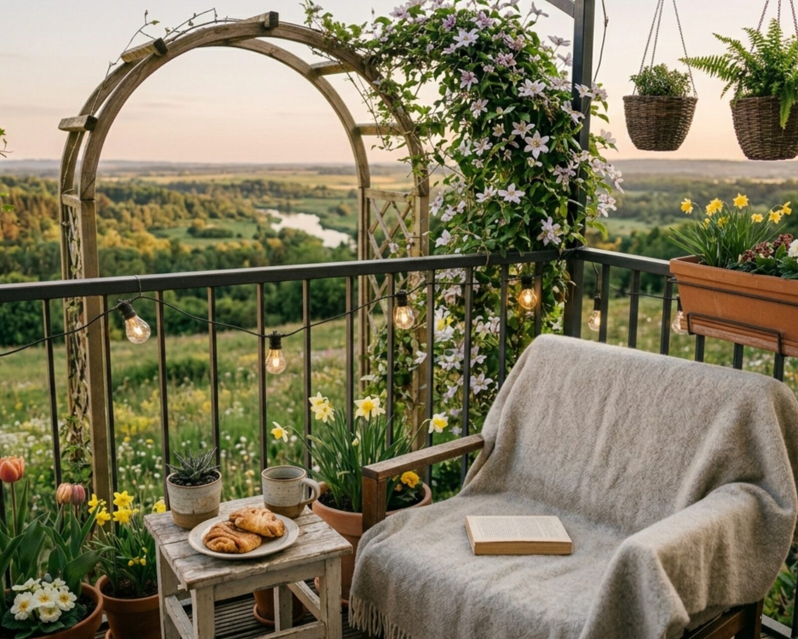 Gemütliche Leseecke auf dem Balkon mit Decke, Buch, Tee und Blick ins Grüne – Hygge im Alltag