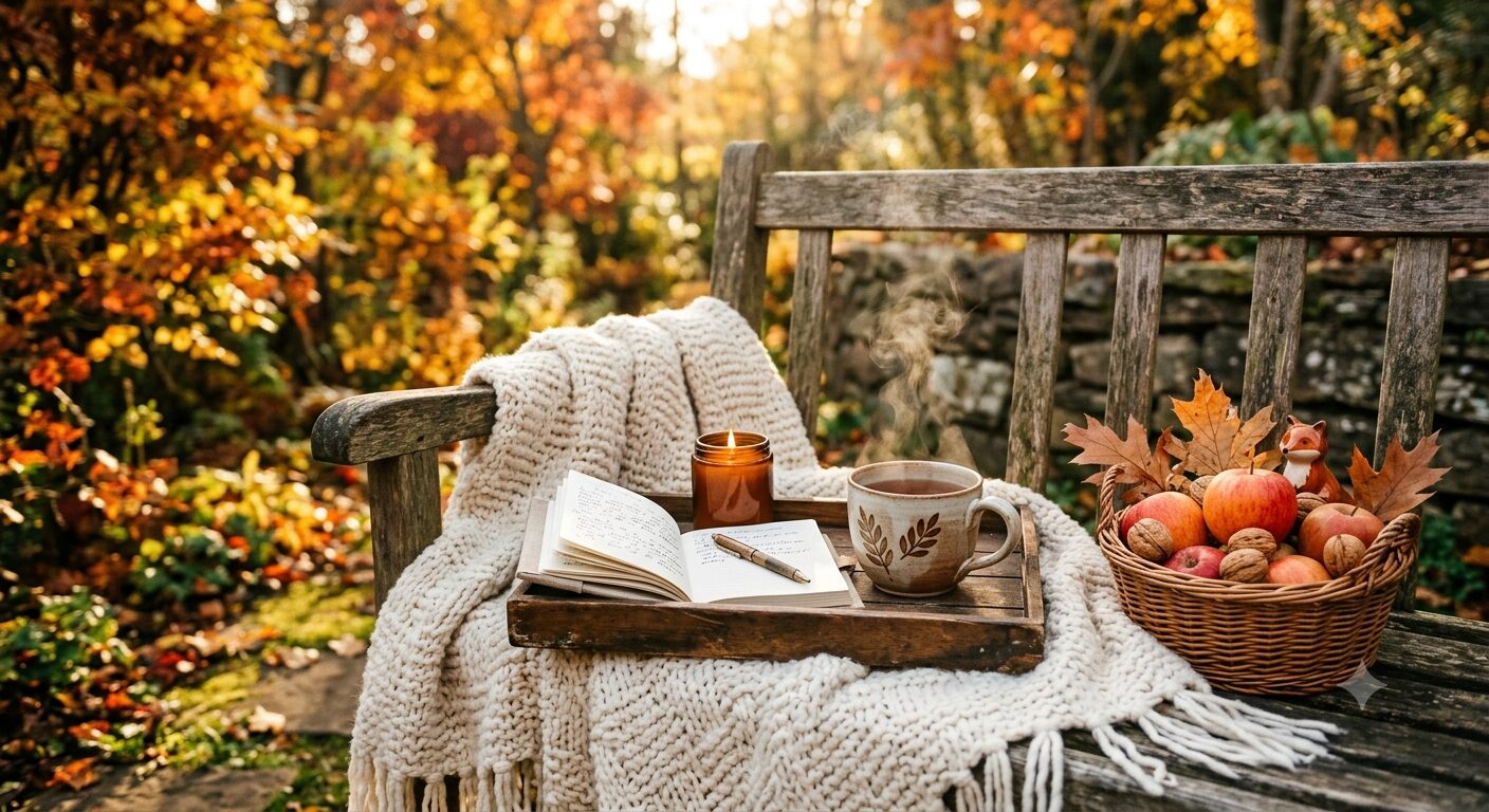 Gemütliches Tablett mit Tee, Notizbuch, Kerze und einem Korb Äpfel auf einer Holzbank im herbstlichen Garten – Sinnbild für das aktuelle Mabon-Workbook