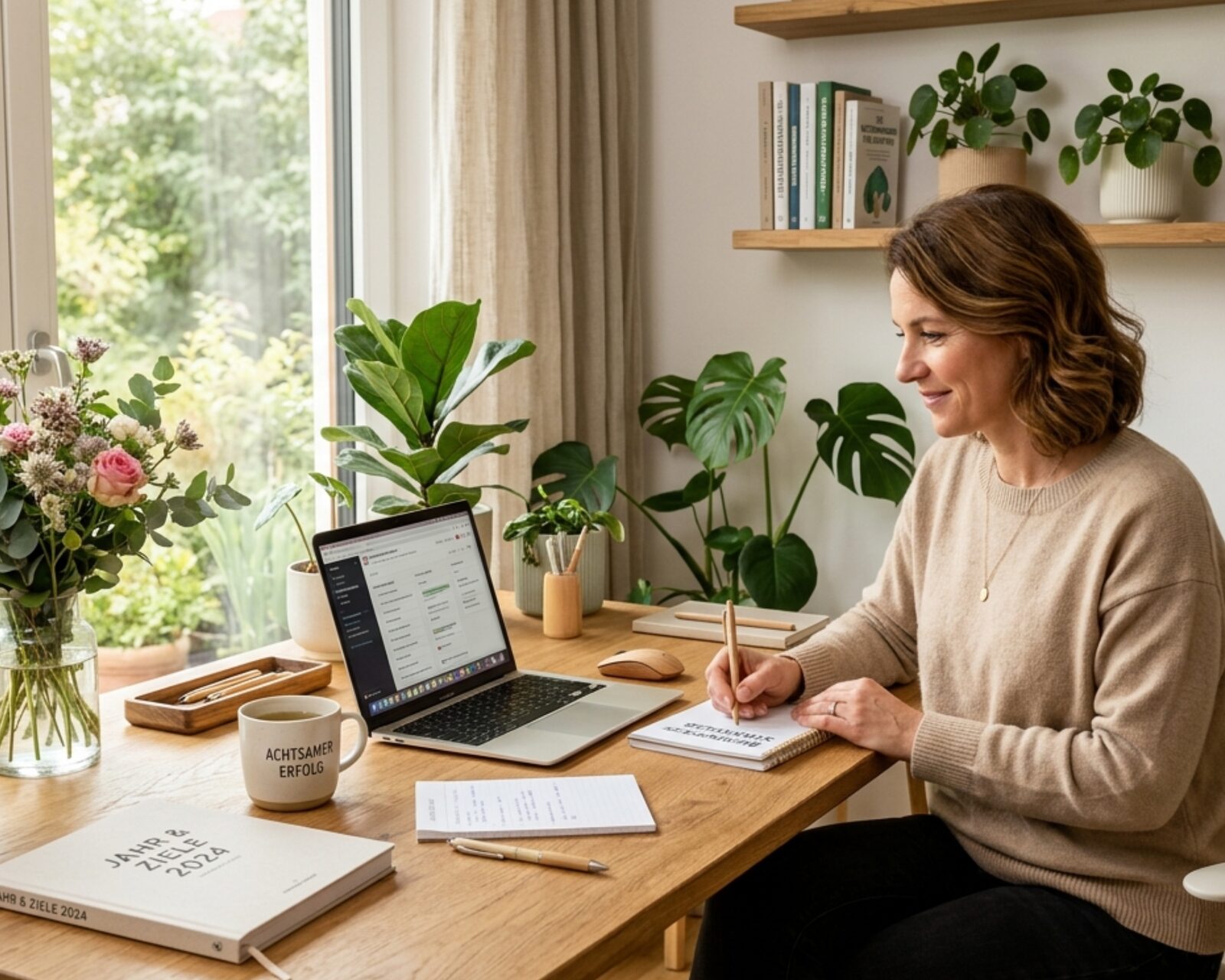 Frau arbeitet lächelnd am Laptop in einem hellen, pflanzenreichen Arbeitszimmer