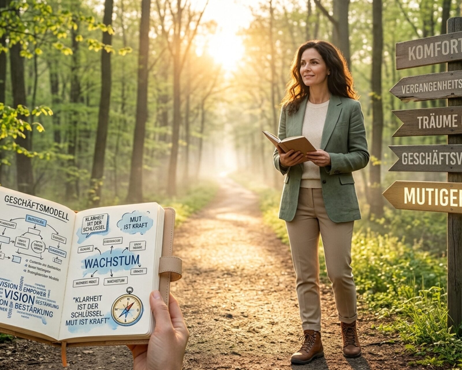 Frau mit Notizbuch auf einem Waldweg an einem Wegweiser – Sinnbild für Orientierung am Anfang der Gründung