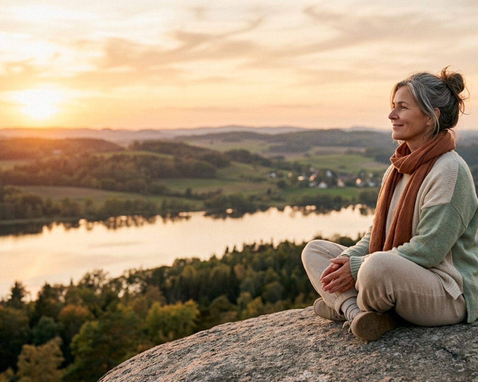 Frau sitzt allein und zufrieden auf einem Felsen mit Blick auf einen See bei Sonnenuntergang