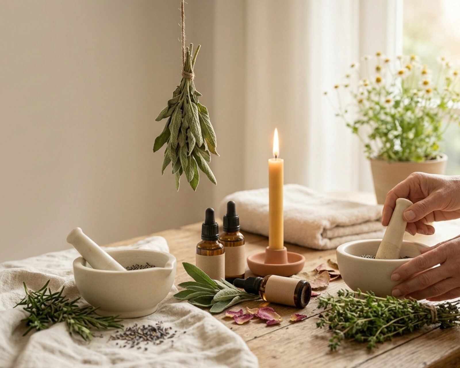 Hände mörsern Kräuter neben Kerze und ätherischen Ölen – selbstgemachte Wellness-Rituale